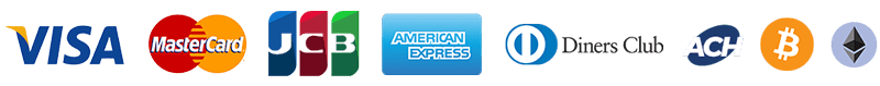 Visa, MasterCard, JCB, AmericanExpress, Diners Club, ACH, Bitcoin, Ethereum